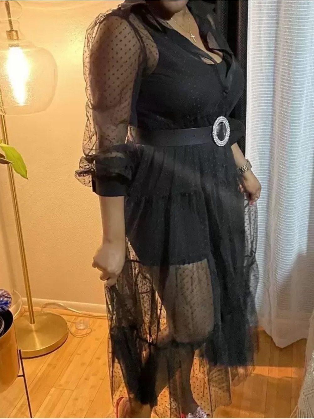 SHEIN Black Sheer Dot Mesh Maxi Dress with Puff Sleeves